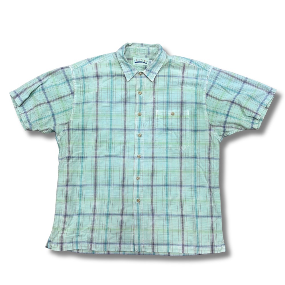 Painters Shirt Mens L Mint Plaid Button Up Short Sleeve Cotton Casual Beach